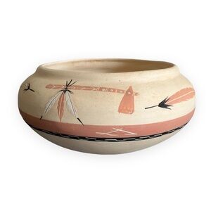 Desert‎ Pueblo Hand Painted Stoneware Large Pottery Feather Signed Little Red 3